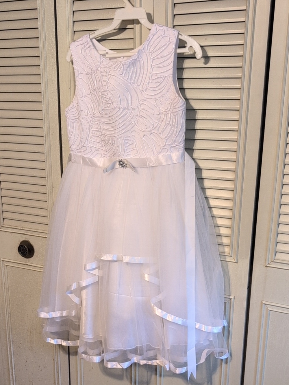 Girls' White Formal Tulle Dress with Satin Bow